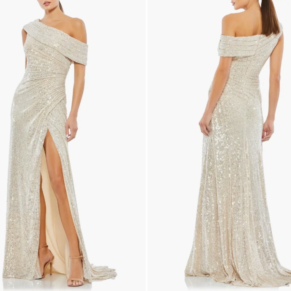 MAC DUGGAL METALLIC ONE SHOULDER EVENING NUDE GOWN sz 12